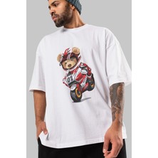 ankhisesTeddy Bear Racer Ön Baskılı Beyaz Oversize T-Shirt Erkek Kadın Bisiklet Yaka