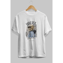 ankhises Teddy Bear Forever Cool Ön Baskılı Beyaz Oversize T-Shirt Erkek Kadın Bisiklet Yaka