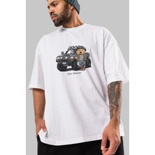 ankhises Teddy Bear Off Road Ön Baskılı Beyaz Oversize T-Shirt Erkek Kadın Bisiklet Yaka
