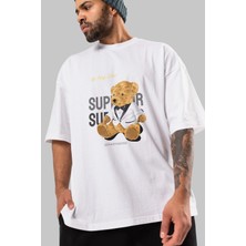 ankhises Teddy Bear Superior Ön Baskılı Beyaz Oversize T-Shirt Erkek Kadın Bisiklet Yaka