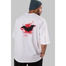 ankhises Halloween Arka Baskılı Beyaz Oversize T-Shirt Erkek Kadın Bisiklet Yaka
