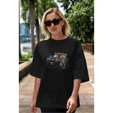 ankhisesTeddy Bear Off Road Ön Baskılı Siyah Oversize T-Shirt Erkek Kadın Bisiklet Yaka