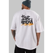 ankhises Istanbul Yazılı Arka Baskılı Beyaz Oversize T-Shirt Erkek Kadın Bisiklet Yaka
