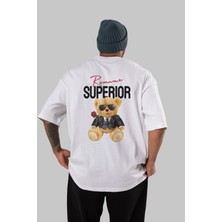 ankhises Teddy Bear Romance Superior Arka Baskılı Beyaz Erkek Kadın Bisiklet Yaka Oversize T-Shirt