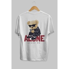 ankhisesTeddy Bear Alone Arka Baskılı Beyaz Erkek Kadın Bisiklet Yaka Oversize T-Shirt