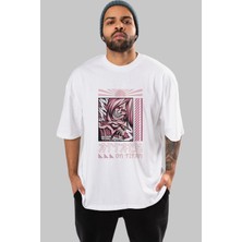 ankhises Attack Of Titan Ön Baskılı Beyaz Oversize T-Shirt  Erkek Kadın Bisiklet Yaka