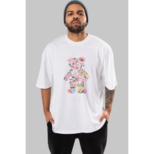 ankhises Bloom From Bear Ön Baskılı Beyaz Oversize T-Shirt  Erkek Kadın Bisiklet Yaka