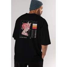 ankhises Hipster Japanese Style Arka Baskılı Siyah Oversize T-Shirt Erkek Kadın Bisiklet Yaka