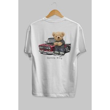 ankhises Teddy Bear Street King Arka Baskılı Beyaz Erkek Kadın Bisiklet Yaka Oversize T-Shirt