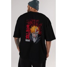 ankhises Ichıgo Kurosakı Vızard Anime Arka Baskılı Siyah Oversize T-Shirt Erkek Kadın
