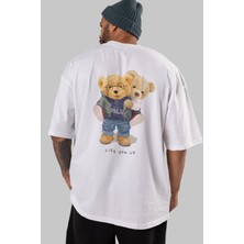 ankhises Teddy Bear Lift You Up Arka Baskılı Beyaz Erkek Kadın Bisiklet Yaka Oversize T-Shirt