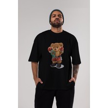 ankhises Teddy Bear Victory Ön Baskılı Siyah Oversize T-Shirt Erkek Kadın Bisiklet Yaka