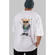ankhises Teddy Bear Rich Boy Arka Baskılı Beyaz Erkek Kadın Bisiklet Yaka Oversize T-Shirt