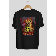 ankhises Escape Bear Arka Baskılı Siyah Oversize T-Shirt  Erkek Kadın Bisiklet Yaka