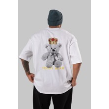 ankhises Teddy Bear Arka Baskılı Beyaz Oversize T-Shirt Erkek Kadın Bisiklet Yaka
