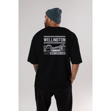 ankhises Wellington Arka Baskılı Siyah Oversize T-Shirt  Erkek Kadın Bisiklet Yaka