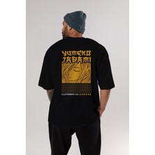 ankhises Yumeko Jadami Arka Baskılı Siyah Oversize T-Shirt  Erkek Kadın Bisiklet Yaka