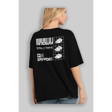 ankhises Snowy City Of Sapporo Arka Baskılı Siyah Oversize T-Shirt  Erkek Kadın Bisiklet Yaka