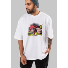 ankhises Comic Wow Yazılı Ön Baskılı Beyaz Oversize T-Shirt Erkek Kadın Bisiklet Yaka