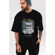 ankhises Heaven Bear Ön Baskılı Siyah Oversize T-Shirt  Erkek Kadın Bisiklet Yaka