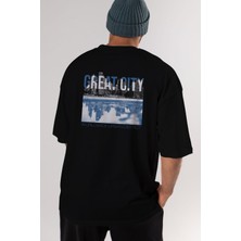 ankhises Great City Arka Baskılı Siyah Oversize T-Shirt  Erkek Kadın Bisiklet Yaka