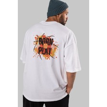ankhises Born To Play Yazılı Arka Baskılı Beyaz Oversize T-Shirt Erkek Kadın Bisiklet Yaka