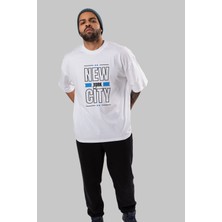 ankhises New York City Yazılı Ön Baskılı Beyaz Oversize T-Shirt Erkek Kadın Bisiklet Yaka