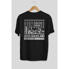 ankhises Auckland Arka Baskılı Siyah Oversize T-Shirt  Erkek Kadın Bisiklet Yaka