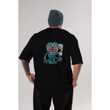 ankhises Super Clown Arka Baskılı Siyah Oversize T-Shirt  Erkek Kadın Bisiklet Yaka