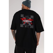 ankhises Worldwide Style Arka Baskılı Siyah Oversize T-Shirt  Erkek Kadın Bisiklet Yaka