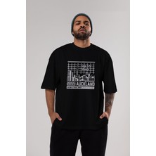 ankhises Auckland Ön Baskılı Siyah Oversize T-Shirt  Erkek Kadın Bisiklet Yaka