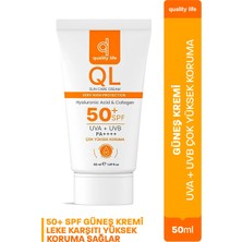 Quality Life Ql Yüz Güneş Kremi Su Bazlı Leke Karşıtı 50+ Spf Hyaluronik Asit ve Collagen 50 ml Uva + Uvb Çok Yüksek Koruma 50 Faktör