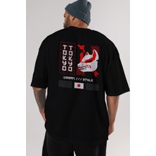 ankhises Tokyo Urban Style Arka Baskılı Siyah Oversize T-Shirt  Erkek Kadın Bisiklet Yaka