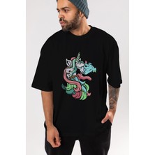 ankhises Crazy Unicorn Ön Baskılı Siyah Oversize T-Shirt  Erkek Kadın Bisiklet Yaka