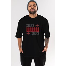 ankhises Zurich Ön Baskılı Siyah Oversize T-Shirt  Erkek Kadın Bisiklet Yaka