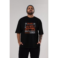 ankhises Busan Ön Baskılı Siyah Oversize T-Shirt  Erkek Kadın Bisiklet Yaka
