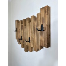 O&A Wood Doğal Ahşap Simetrik Masif 4 Askılı Vestiyer Portmanto Vintage Koyu Meşe