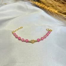 Suerte Accessories Pembe Kuvars Doğal Taş Altın Yonca Uçlu El Yapımı Özel Tasarım Doğaltaş Kadın Bileklik