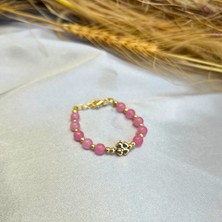 Suerte Accessories Pembe Kuvars Doğal Taş Altın Yonca Uçlu El Yapımı Özel Tasarım Doğaltaş Kadın Bileklik