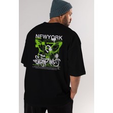 ankhises New York Street Style Arka Baskılı Siyah Oversize T-Shirt  Erkek Kadın Bisiklet Yaka