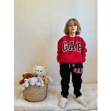 Sacro Kids Kırmızı Dinozor Desenli Gap Baskılı Eşofman-Sweatshirt 3 Iplik Şardonlu Kışlık Erkek Çocuk Takım