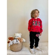 Sacro Kids Kırmızı Dinozor Desenli Gap Baskılı Eşofman-Sweatshirt 3 Iplik Şardonlu Kışlık Erkek Çocuk Takım