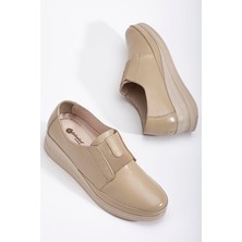 Dilimler Ayakkabı Hakiki Deri Ortopedik Kadın Dolgu Topuklu Ayakkabı Bej Elastik Bantlı Bağsız