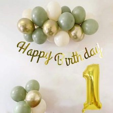 Yaş Küf Yeşili, Deniz Kumu ve Krom Gold Balonlu Konsept Doğum Günü Seti