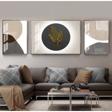 Harikabirev Goold Gri Krem Yaprak Desen Sevilen Kombini  Çerçeveli Temperli Cam Tablo 3'lü