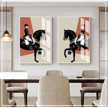 Harikabirev Krem Fuşya Renk Kadın Jokey Ve At Kombini  Çerçeveli Cam Tablo  2'li