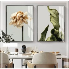 Harikabirev Yeşil Krem Çiçek Kombini  Çerçeveli Cam Tablo  2'li