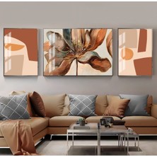 Harikabirev Krem Gold Kahverengi Soyut Çiçek Kombini  Çerçeveli Temperli Cam Tablo 3'lü