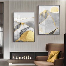 Harikabirev Gold Beyaz Dağ Desen Soyut Kombini  Çerçeveli Cam Tablo  2'li