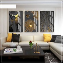 Harikabirev Siyah Gold Gri  Soyut  Seti  Çerçeveli Cam Tablo 3'lü